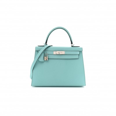 HERMES KELLY 28 SELLIER EPSOM BLEU ATOLL PALLADIUM HARDWARE (28*22*10cm)